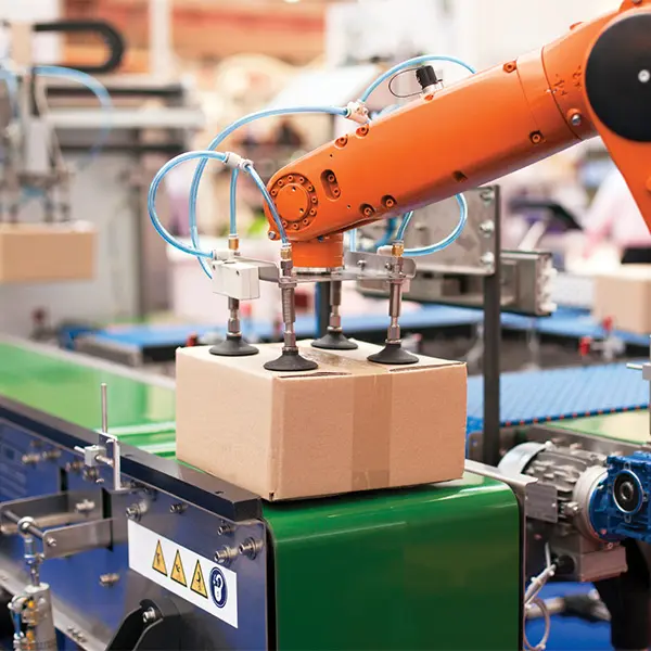 Orange robotic collaborative robot (cobot) arm with four suction cups moving package on production line