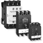 Black and white image of group shot of various Schneider-Electric circuit breakers