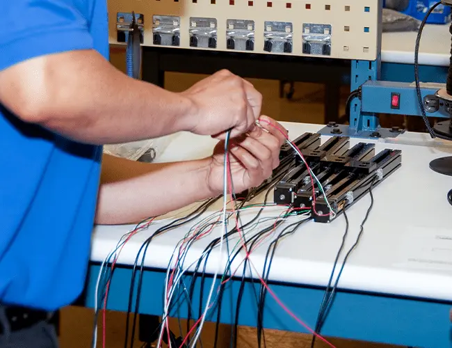 Close-up of male engineer's hands wiring robotic device on workstation