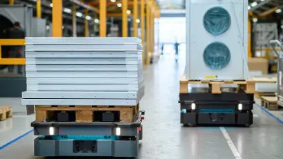 Mobile robots on a warehouse floor