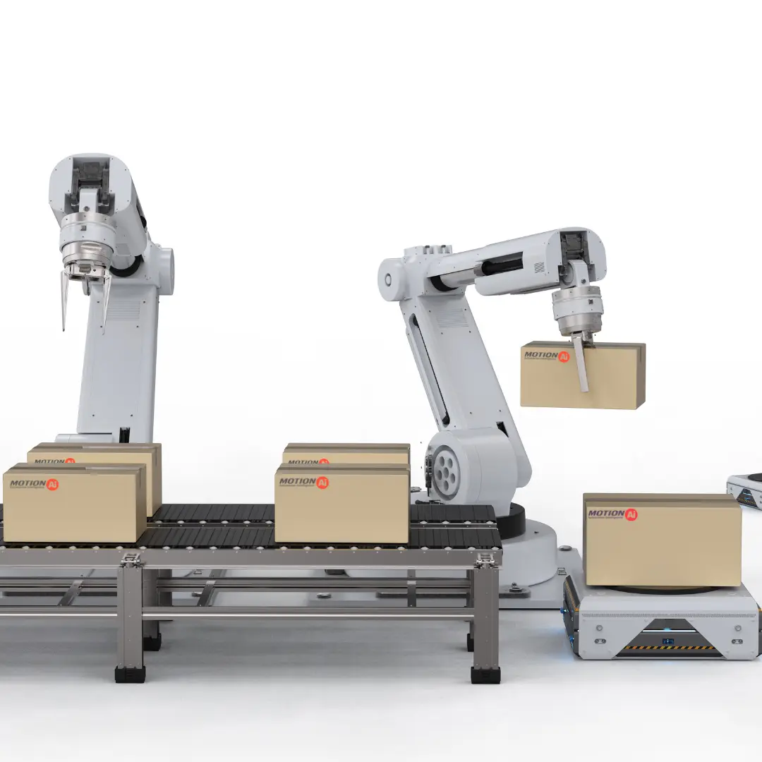 Automation factory with two collaborative robots (cobots) moving packages along conveyor belt in distribution center with a white background