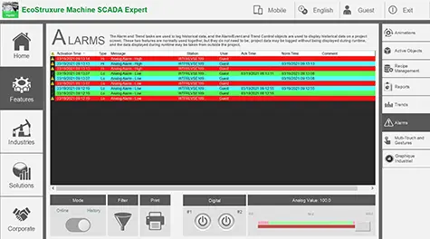 Screenshot of EcoStruxure's Machine SCADA Expert alarms feature