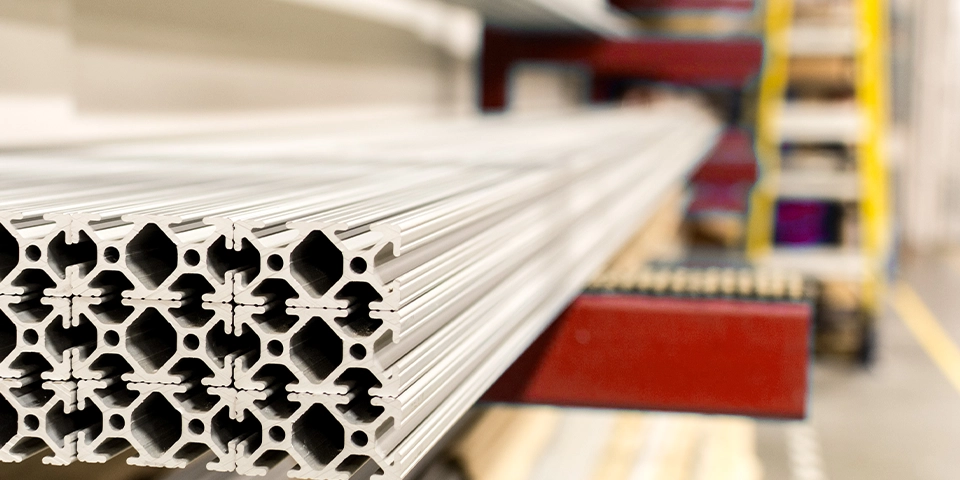 Close-up image of stacked t-slot extrusion frames in a facility with a blurred industrial warehouse background