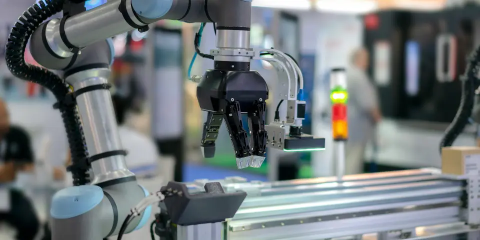 View of gripper on collaborative robot (cobot) is sorting goods on automatic conveyor by vision system in smart facility