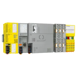 Yellow and gray programmable logic controllers (PLC) based control system on transparent background