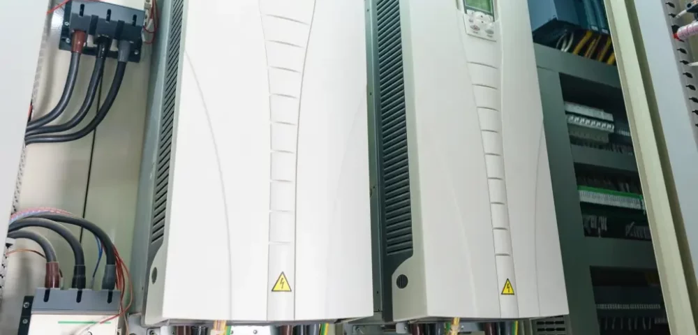 Variable frequency drive (VFD) on wall within facility