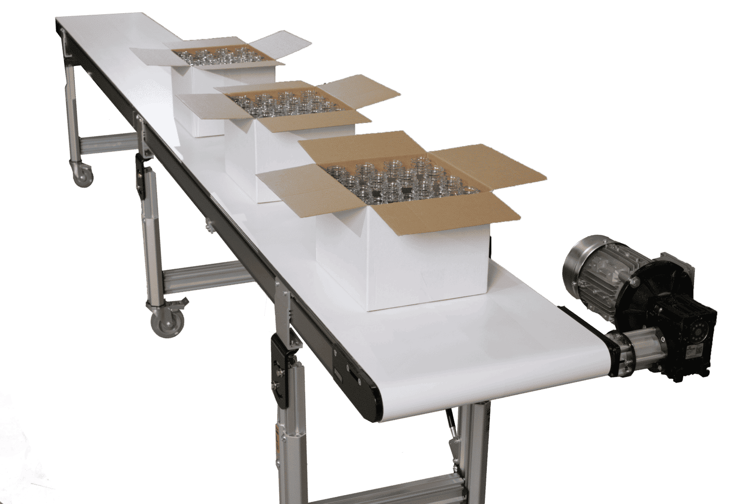 Boxes on a white conveyor on a white background